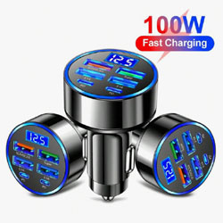 100W 6-Port Fast Car Charger with USB-C & Digital Voltage Display