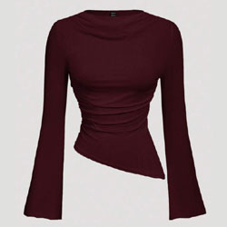 SHEIN MOD Crew Neck Ruched Flare Sleeve Burgundy Top for Women
